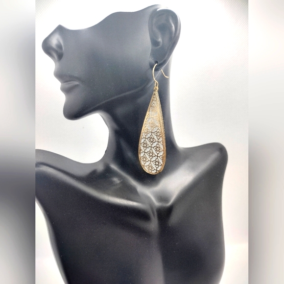 Fashion Long Silver Glitter with Gold Toned Flower Metal Top Teardrop Earrings - Picture 4 of 4
